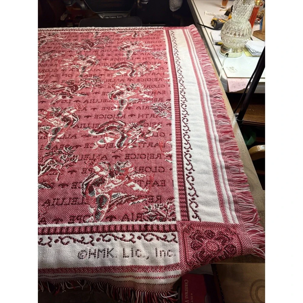 Vintage 90s Christmas Tapestry Blanket Red Angel Cherub Rejoice Peace on‎ Earth